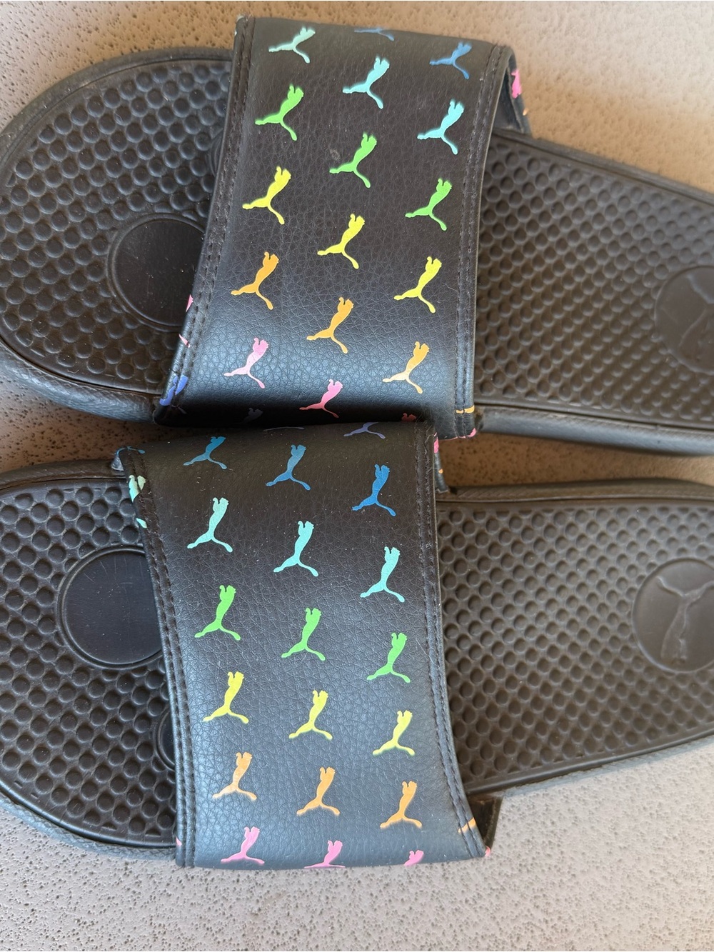 Puma Black Slides with Neon Multicolor Puma Logos